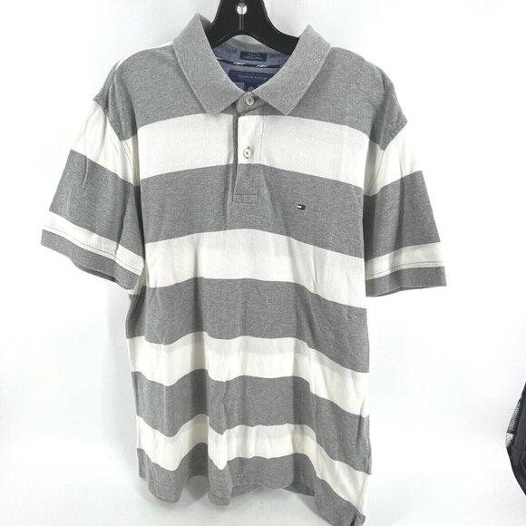 Tommy Hilfiger Men's Large Polo Shirt Custom Fit Preppy Gray Striped Rugby - Picture 2 of 8